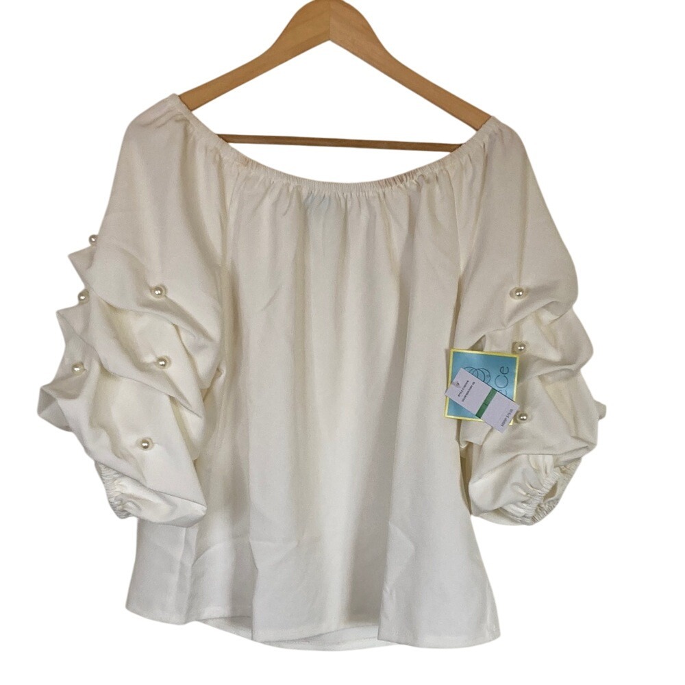 CeCe Womens Elegant White Off-Shoulder Top Tiered Sleeves Pearl‎ Accents Size L